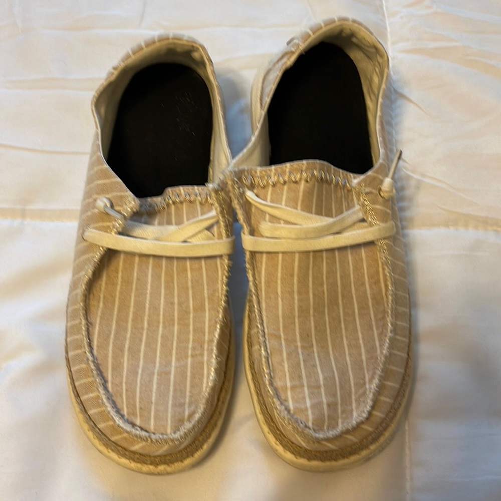 Hey dude khaki with white stripe shoes